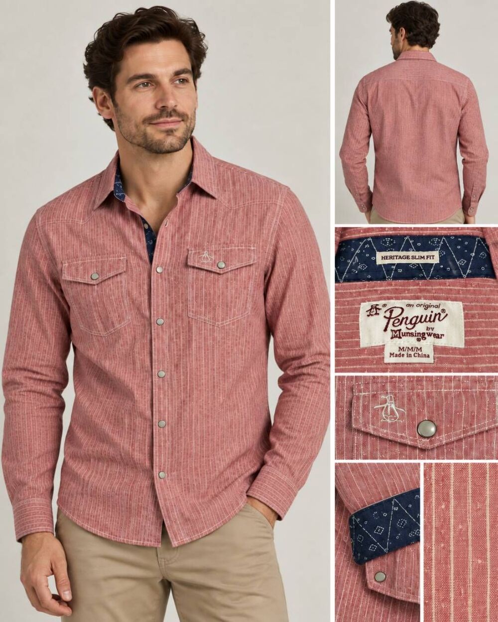 Original Penguin Heritage Slim Fit M Men’s Linen Cotton Western Snap Shirt Light
